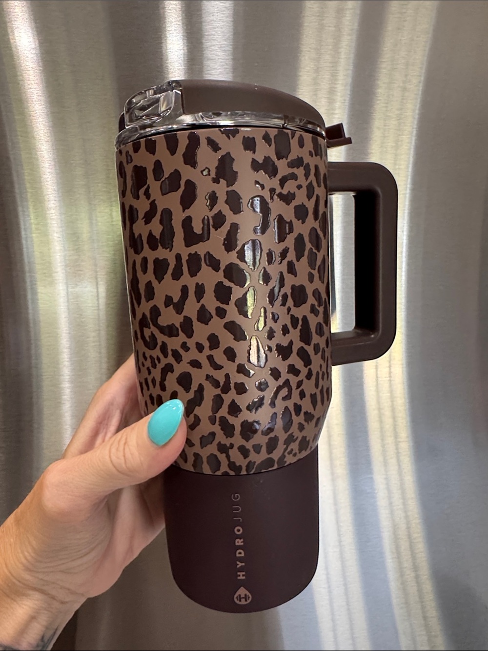HydroJug Brown Leopard Print Travel Mug with Dark Brown Handle